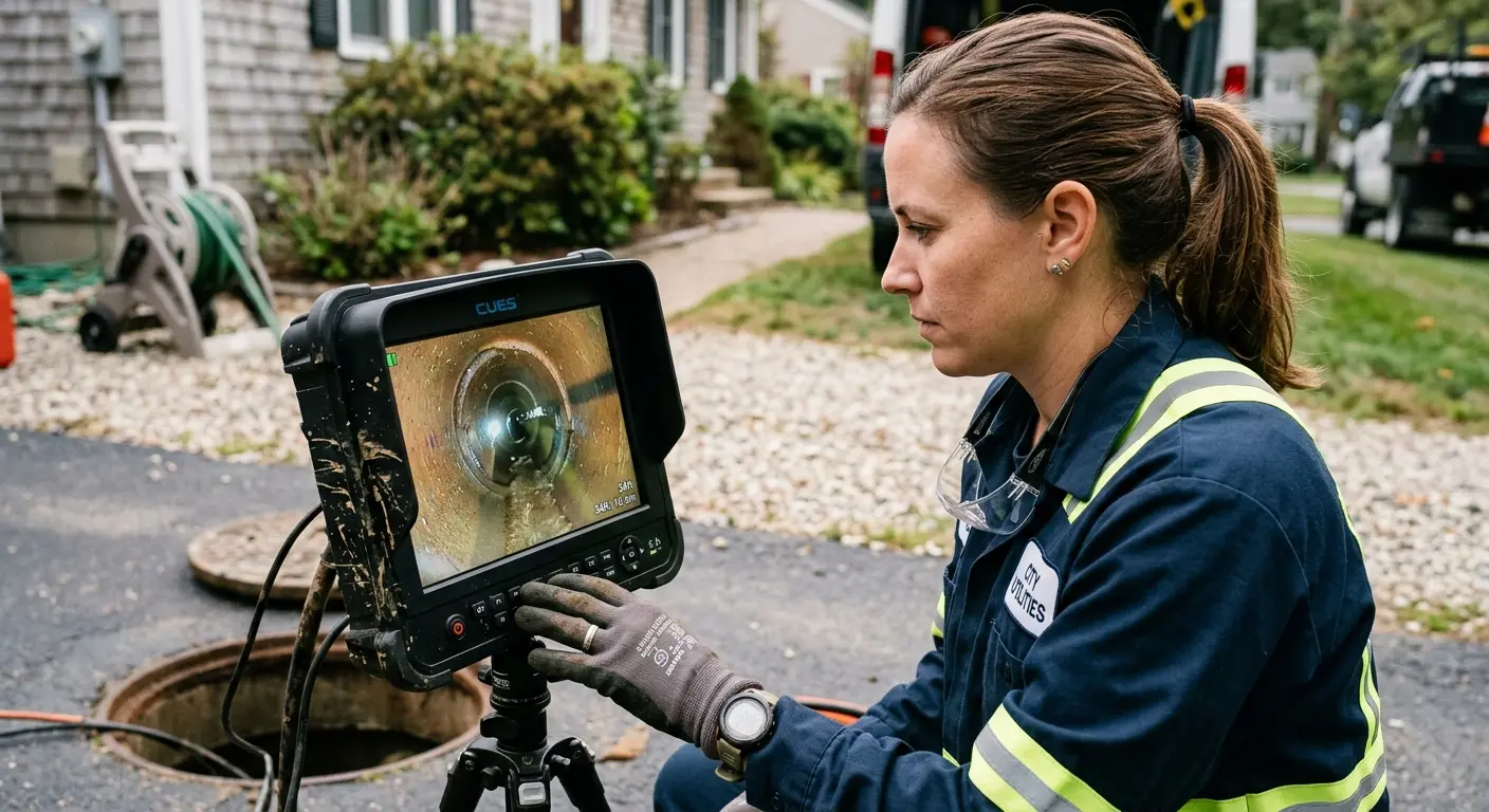 Technician reviewing sewer camera inspection footage in Medina