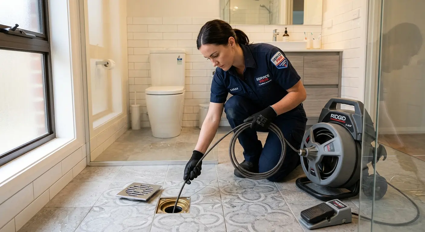 Technician clearing a bathroom floor drain for Hydro Jetting in Medina